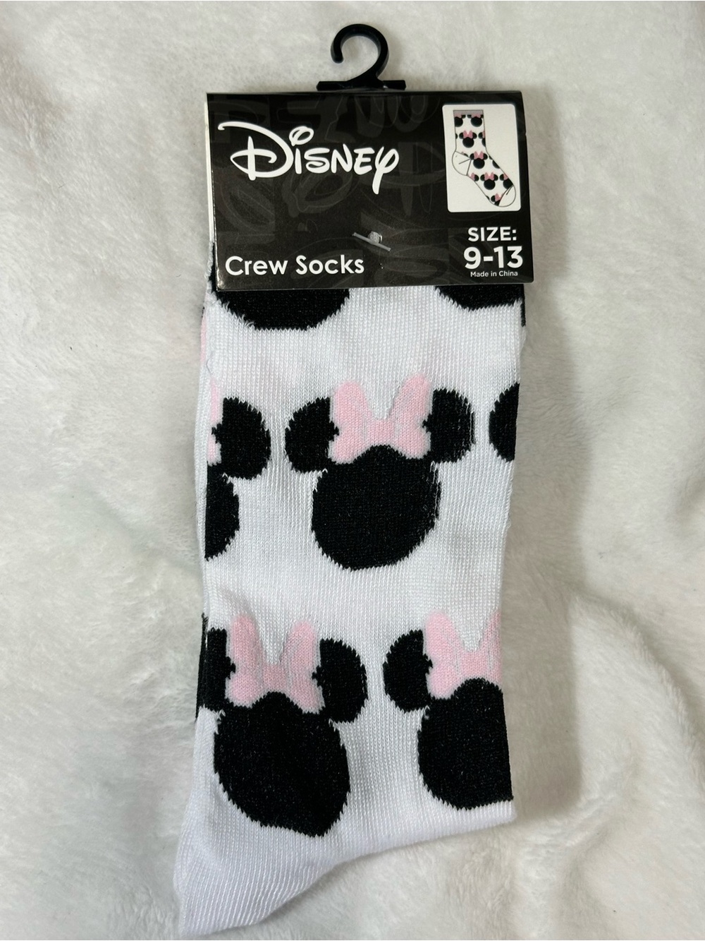 Disney White Crew Socks with Black Minnie Silhouettes and Pink Bows